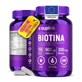 Biotina 300 mcg con Colágeno Hidrolizado 500 mg – Cápsulas Veganas para Cabello, Piel y Uñas – Suplemento Natural de Apoyo Diario – Sin OGM, Sin Gluten, Sin Azúcar – 180 Cápsulas