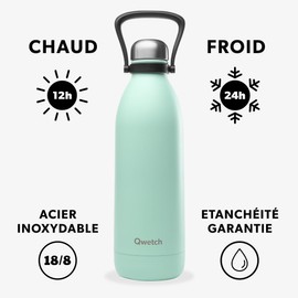 QWETCH Large Insulated Flask, Pastel Green, 1.5L, Cold for 48 Hours and Hot for 16 Hours, Leakproof and BPA Free Stainless Steel Bottle with Carry Handle, Insulated Thermos for Picnic, Camping