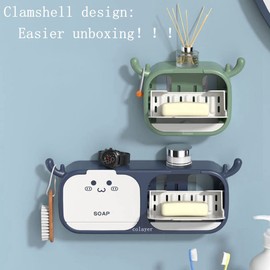 Colayer Flip-Top Cartoon Antler Soap Holder, Soap Dish for Shower, Sturdy and Easy Assembly without Drilling, Bar Soap Holder for Kitchens and Bathroom Wall (Blue Single Box)