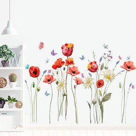 Runtoo Poppy Flowers Wall Art Stickers Butterfly Floral Wall Decals Living Room Bedroom Wall Decor