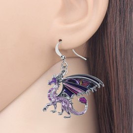 Enamel Alloy Dragon Earrings Fantasy Dinosaur Drop Dangle Fashion Jewelry For Women Girls Charm Gift, Zinc enamel, No Gemstone, Violet