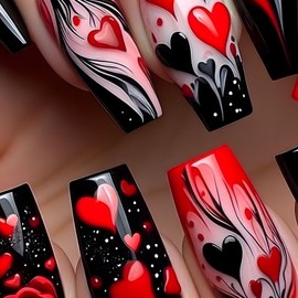 24Pcs Valentine's Press on Nails Medium Square Nails Romantic Rose Fake Nails Valentines Heart Acrylic Nails Red Black Hearts False Nails Reusable Valentines Stick on Nails for Women Girls