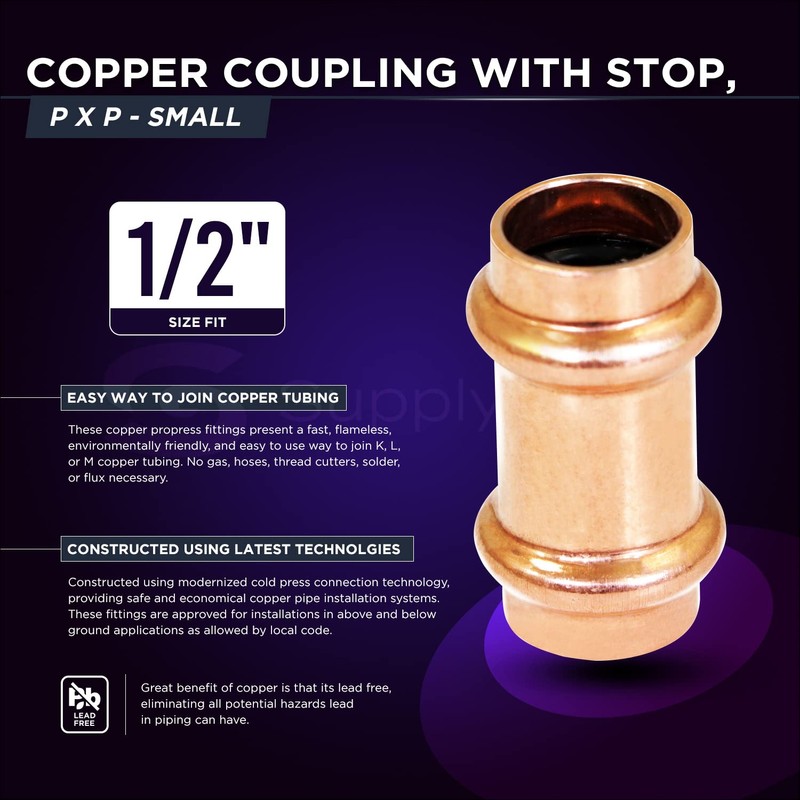 Supply Giant QQSD2234 Copper Coupling With Stop, 1/2 in. Press-
