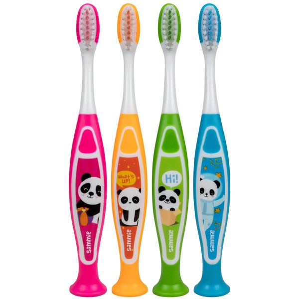 PRO-SYS Panda Kids Extra Soft Toothbrush with Suction Cup Bottom, Sammie The Panda, for Boys & Girls, Toddlers & Children Ages 2-4 Years (Pack of 4)
