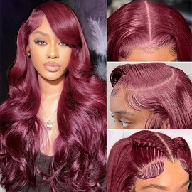 QBRVP 99J Burgundy Lace Front Wigs Human Hair 28 Inch 13x6 Body Wave Lace Front Wigs Human Hair Pre Plucked 200 Density HD Transparent Red Colored Wigs Human Hair for Women