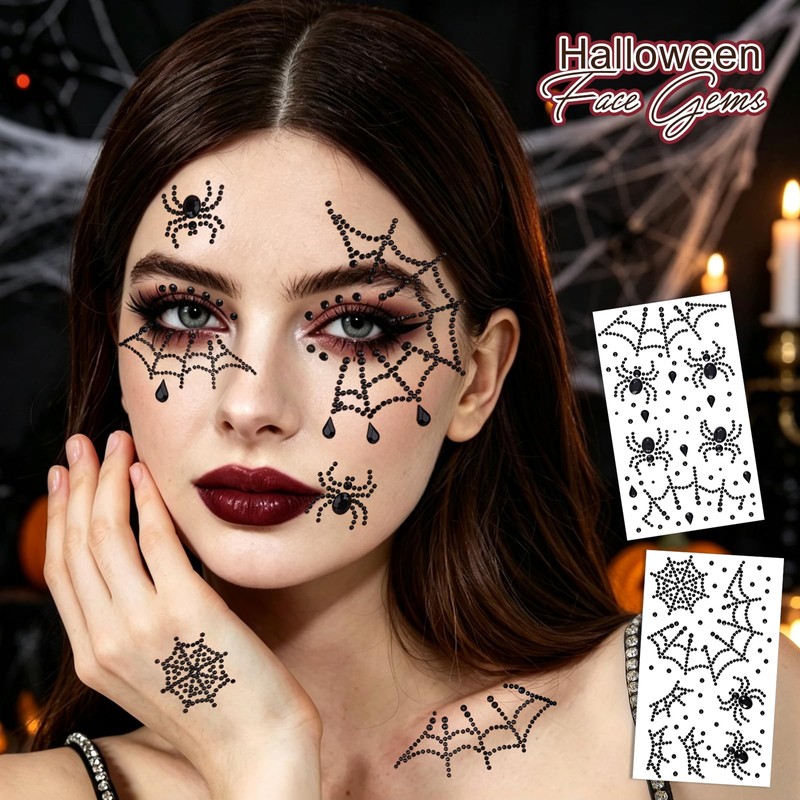 6Sheets Spider Face Gems Black Face Jewels for Women Halloween