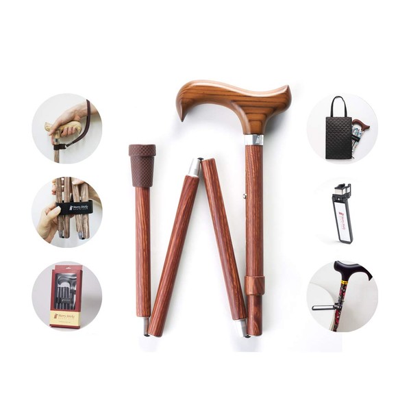 [Combo Set] Merry Sticks Designer Folding Adjustable Walking Cane. Includes a Convenient Cane Bag and a Smart Reflective Cane Holder.Walking Stick, Sen Wood
