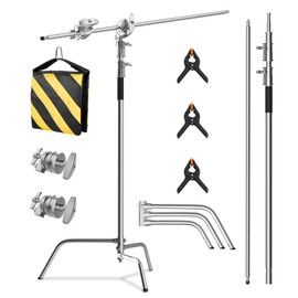 C Stand with Boom Arm, Heavy DutyPhotography Light Stand, 6.8ft/210cm Stainless Steel C-Stand Kit with Sandbag, 2.8ft/87cm Boom for Studio Softbox and Reflector, Silver