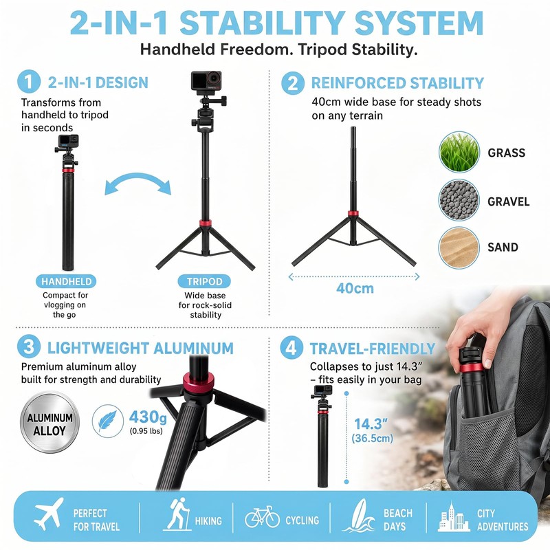 81" Extendable Selfie Stick Tripod for GoPro Mission 1 Pro