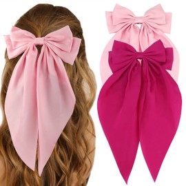 ATODEN Silky Satin Pink Hair Bows 2Pcs Big Hair Bows for Women Hair Ribbons Oversized Long Tail Bow Hair Clips Large Hair Ribbon Barrettes Metal Clips Bowknot Aesthetic Girls Hair Accessories