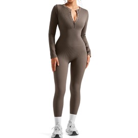 SUUKSESS Women Long Sleeve Ribbed Workout Jumpsuit Seamless One Piece V Neck Button Down Yoga Jumpsuits (Coffee,XL)