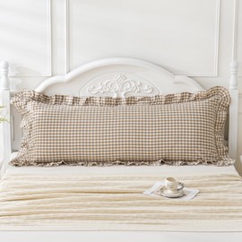 Taupe/White Plaid Ruffled Body Pillow Cover Washed Cotton Farmhouse Checkered Gingham 1 Piece Pillowcase for Living Room 20"x54" Brown