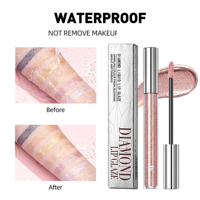 Metallic Diamond Glitter Lip Gloss - Waterproof, Lightweight, Long-Lasting Pink