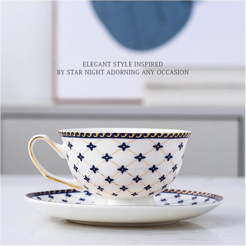 Porlien Royal Blue Star-night Porcelain 7-ounce Teacup and Saucer Set