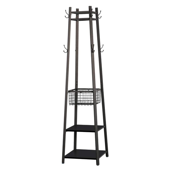 VECELO Industrial Coat Rack,Enterway Clothes Stand with 2 Tier Storage Shelves and Metal Basket,Upgrade Hall Trees with 8 Dual Hooks,Black