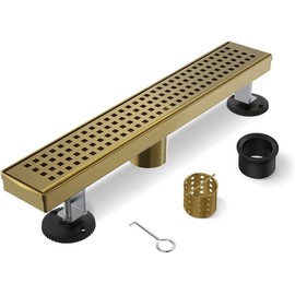 HTOH Gold Shower Drain, 18 Inch Linear Shower Drain with Removable Square Hole Cover Grate, Bathroom Modern 304 Stainless Steel Brushed Gold Shower Floor Drain with Adjustable Feet,Hair Filter