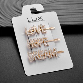 LUX ACCESSORIES Love Hope Dream Word Crystal Gold Set of 3 Hair Pins