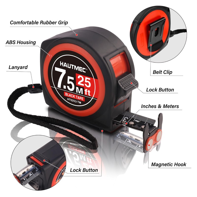 HAUTMEC Tape Measure25ft with Magnetic Hook and Dual Lock, High