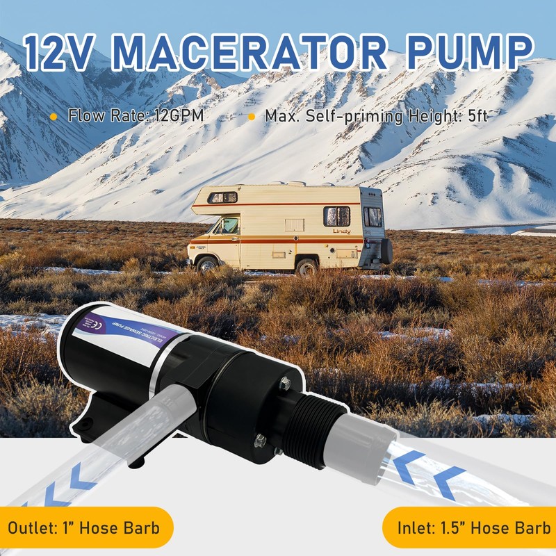 QUTUNI 12V Macerator Pump: Self-Priming, Run-Dry Protected for RV &