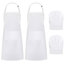 YGKYMVW Chef Apron Chef Hat Set, 2PCS Adjustable Cooking Aprons 2PCS Chef Hat, White Apron White Chef Hat for Women and Men with 2 Pockets Chef Bakers Apron for Kitchen Cooking Baking