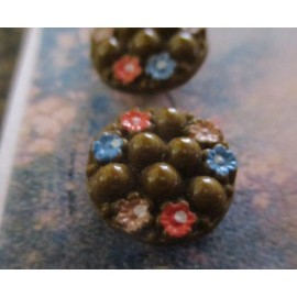 Set of 4 Vintage 1/2" Brown  Painted flower   Glass Buttons~NOS