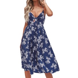 FANCYINN Womens Floral Prints Tie Front Button Down Spaghetti Strap Midi Dress Flower Navy Blue L