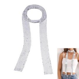 Fashion Women's Sparkle Scarf, Sparkle Metal Sequins Neck Tie Scarf Glitter Thin Skinny Long Neckerchief, Silver Metal Sequins Scarf Costume Accessories for Stage Party Show Carnival Necktie -150CM