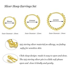 Hasnsofie Hoop Earrings Silver Women's Earrings, 3 Pairs 925 Sterling Silver Hoop Earrings Set, Hypoallergenic Small Sleeping Hoop Earrings, Unisex Silver Pearl Hoop Earrings Set in 10, 12, 14 mm,