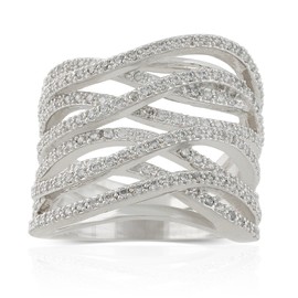 JanKuo Jewelry Rhodium Plated Cubic Zirconia Criss Cross Wide Band Cocktail Ring (8)