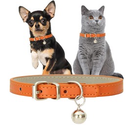 Orange XS Dog Collar with Bell, PU Leather Puppy Collar with Bells Girl's Dog Collars Adjustable for XXS XSmall Small Medium Pet Female Dogs Little Cats, XS