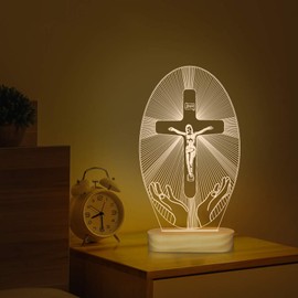 3D Illusion Lamp Jesus Cross Night Night,USB Power Warm Colors Bedside Lamp for Home Room Holiday Decor