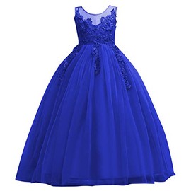 Flower Girls Embroidered Tulle Lace Long Wedding Bridesmaid Dress Floor Length Princess Pageant Birthday Party First Communion Dress A Line Formal Prom Long Maxi Evening Dance Ball Gown #Blue 8-9