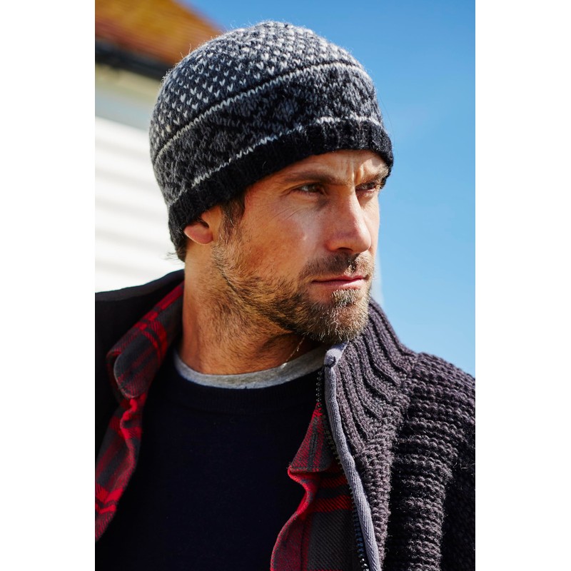 Pachamama Men Wool Beanie Skull Hat Fleece Lined Handknitted Charcoal