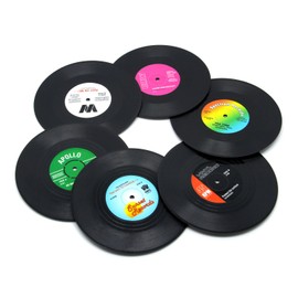DuoMuo Coaster Set of 6 Colorful Vinyl Record Disk Coasters With Funny Labels-Tabletop Protection Prevents Furniture Damage