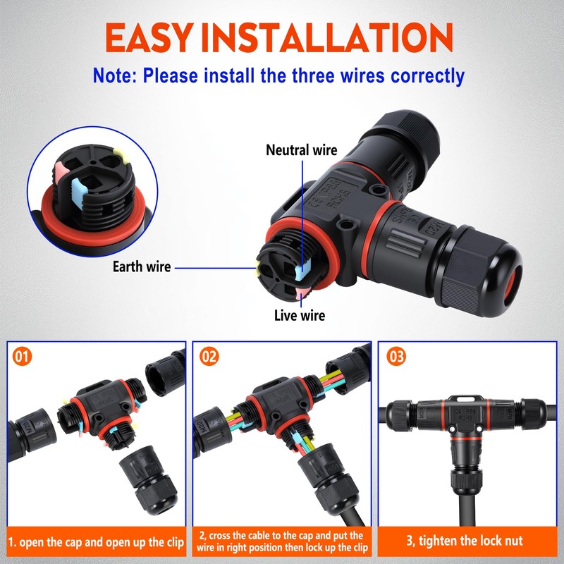 BOSYTRO Pack of 8 Cable Connectors IP68, 3-Pin Waterproof Cable