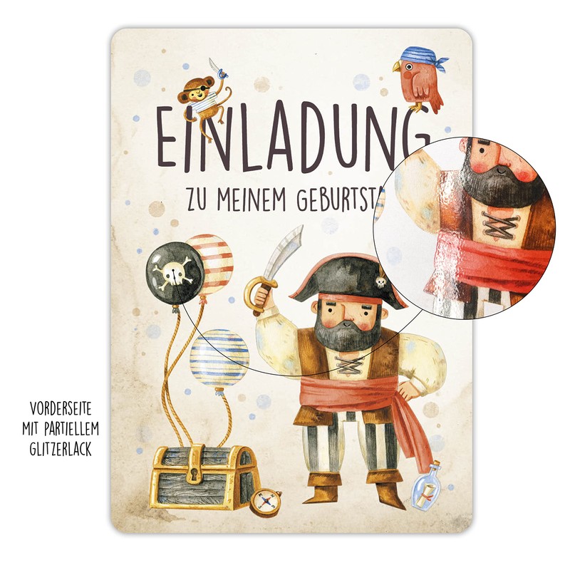 CALLUNA® 12 x Pirate Invitations - With Glitter Lacquer and