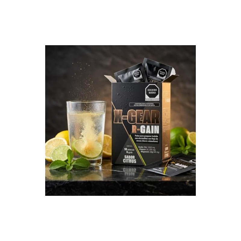 X-GEAR R-GAIN Polvo Con Electrolitos, con Stevia Rebaudiana, 10 Sobres,