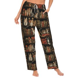Delerain Books and Cats Women's Pajama Pants With Pockets, Casual Loose Lounge Pants Drawstring Elastic Waist Wide Leg Pjs Bottoms for Women, L