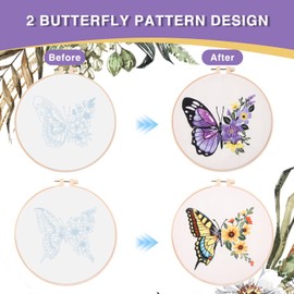 DOOCECIY 2 Pcs Embroidery Stitch Kits for Adults Beginners Gift, DIY Butterfly Patterns Cross Accessories & Hoop Included