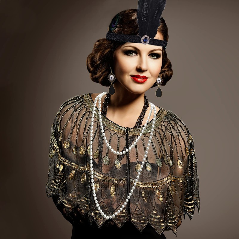 PLULON 8pcs 1920s Flapper Accessories Set Sequin Scarf Wraps Feather