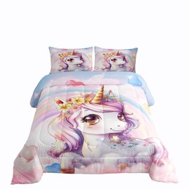 Erosebridal Rainbow Unicorn Twin Bedding Sets for Girls, Pink Unicorn Kids Comforter Set with Five-Pointed Star for Girls, Unicorn Bedroom Decor, 1 Quilt with 1 Pillowcase for Teens Boys All Season