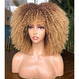 YEESHEDO Ombre Blonde Brown Afro Short Kinky Curly Wig with Bangs for Women Curly Full Fluffy Wigs for Black Women (33/27#)