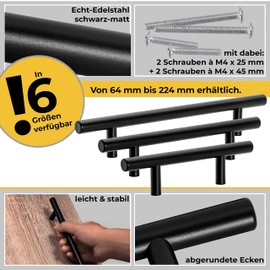 Neuhall 10 x Furniture Handles, Matt Black, 64 mm, Real Stainless Steel, Diameter 10 mm, Kitchen Handles, Cabinet Handles, Bathroom Furniture, Living Room Furniture Bar Handles, Rail Handles,