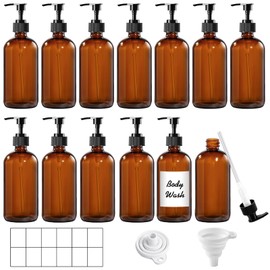 TBWIND 12 Pack Amber Glass Bottles 8oz with Pump Dispensers, Refillable Empty Pump Bottles for Bathroom, Kitchen, Shampoo, Soap, Lotion – Includes 2 Funnels & 12 Labels