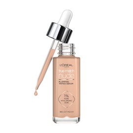 L'Oréal Paris True Match Sérum Rellenador con Color, Base de Maquillaje en Sérum con Ácido Hialurónico, Acabado Luminoso, Piel Uniforme y Radiante, Tono 3-4 Light Medium, 30 ml