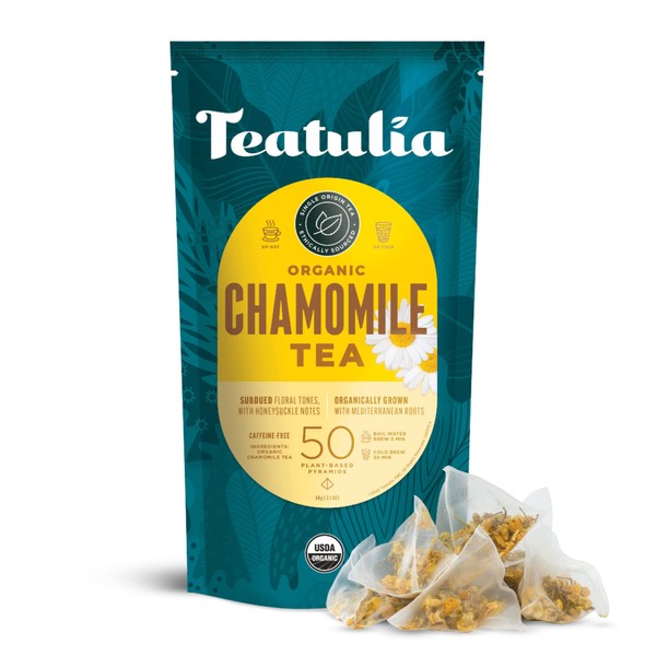 Teatulia Organic Chamomile Tea Bags (50 Pyramid Tea Bags) | 100% Compostable | Sustainably Grown In Egypt