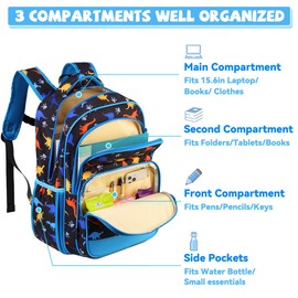 VASCHY Kids Backpack Girls Boys Cute 16 Inch Primary School Backpack with Chest Strap Buckle and Multiple Compartments, Black Dinosaur, Taille unique, Casual