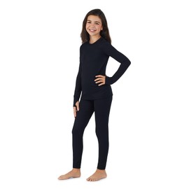 Cuddl Duds Girls Fleece-Lined Thermal Underwear 2-Piece Set - Kids Long Sleeve Top and Leggings Long Johns - UV Protection 50+ - Black - X-Large