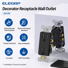 ELEGRP Matte Black Decorator Wall Receptacle Outlets, Tamper Resistant 15 Amp, Standard Electrical Wall Outlet, Residential Grade, Self-grounding, 125V, 2 Pole 3 Wire, 5-15R, UL Listed, 10 Pack