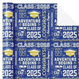 WRAPAHOLIC Graduation Wrapping Paper - Mini Roll - 17 Inch x 16.5 Feet - Elegant Blue and Gold Graduation Wrapping Paper for Class of 2025, Party, Celebration
